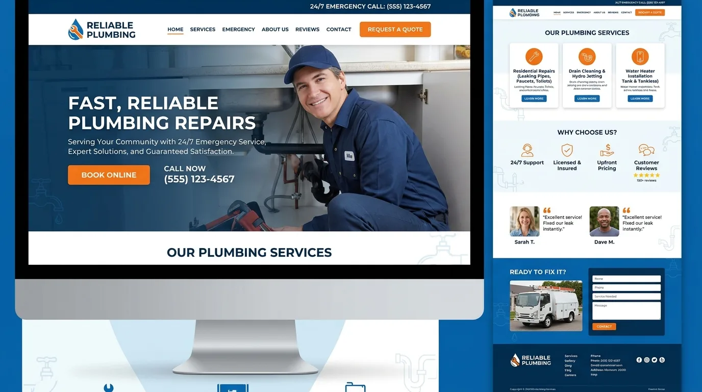 Plumber website design guide showing mobile-friendly plumbing website with click-to-call button